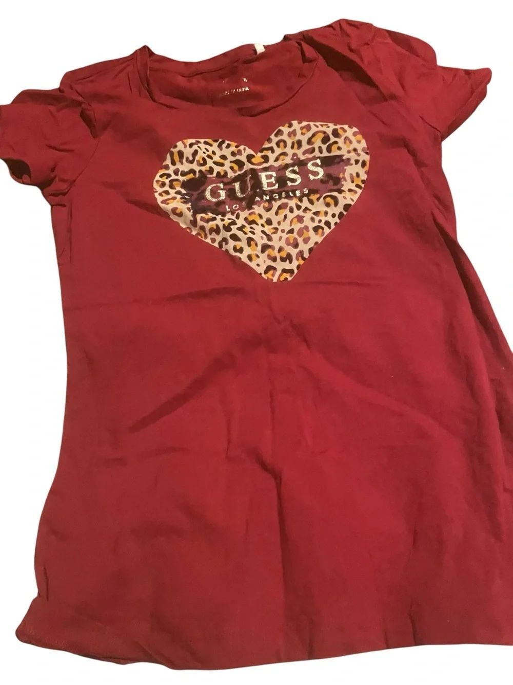 GUESS Girls' Red Heart Leopard Logo Tee like new size small